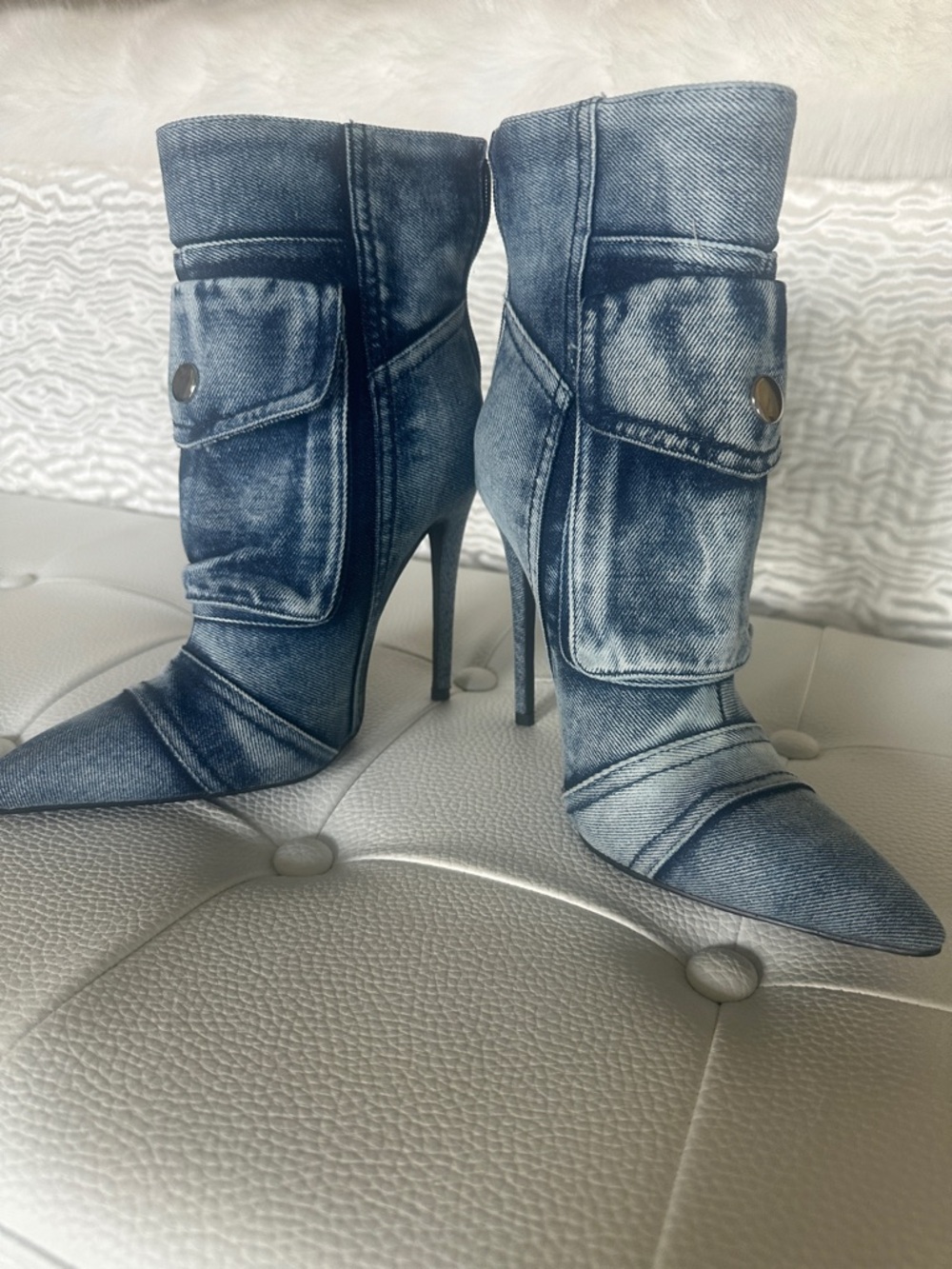 Denim-Effect Pointed-Toe Stiletto Ankle Boots